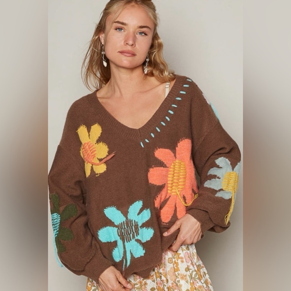 POL Balloon Sleeve Oversized Acrylic Sweater Fringe Detail Floral Pattern Small - Picture 2 of 12